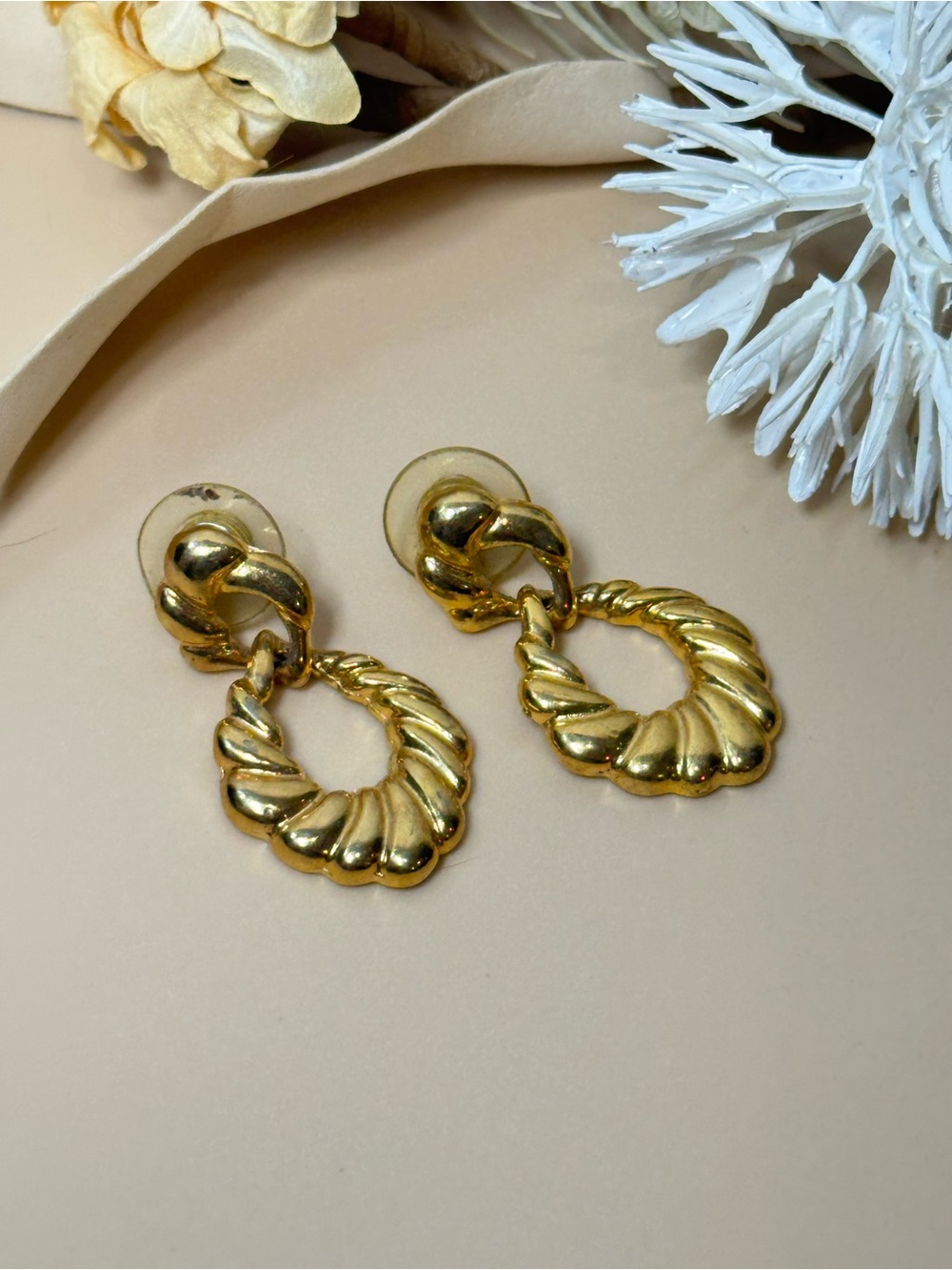 Vintage Gold Tone Textured Door Knocker Drop Dangle Statement Earrings